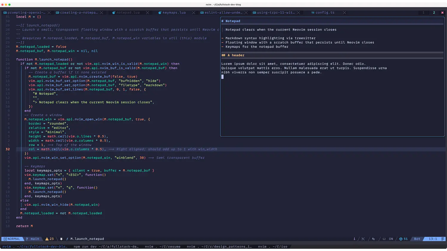 A Neovim screenshot showing a transparent floating notepad